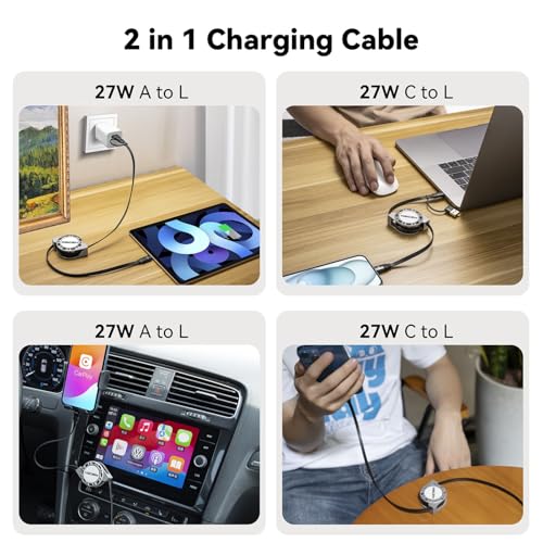 3-in-1 Retractable Charging Cable USB C Lightning Adapter USB A/C to Lightning Cable 27W PD [Fast Charging & Data Sync] Multiple Charger for iPhone 14 13 12 11 Xs X SE 8 7 6 5s Plus,iPad,iPod