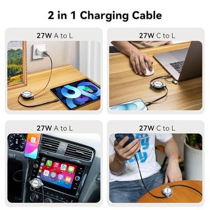 3-in-1 Retractable Charging Cable USB C Lightning Adapter USB A/C to Lightning Cable 27W PD [Fast Charging & Data Sync] Multiple Charger for iPhone 14 13 12 11 Xs X SE 8 7 6 5s Plus,iPad,iPod