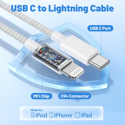 USB C to Lightning Cable, [Apple MFi Certified] iPhone Braided Fast Cable - color: White, size: 2Pack-6FT+10FT