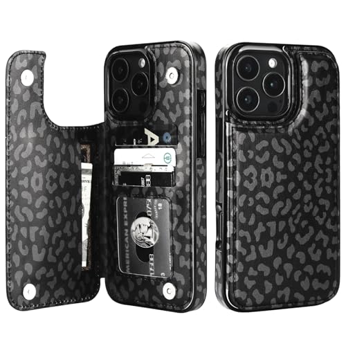 HAOPINSH for iPhone 16 Pro Max Wallet Case with Card Holder, Black Leopard Cheetah Pattern Back Flip Folio PU Leather Kickstand Card Slots Case for Women Girls, Double Magnetic Clasp Shockproof 6.9" - color: Black Leopard