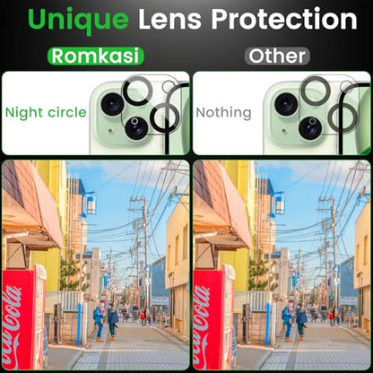 Romkasi 4 Pack Privacy Screen Protector for iPhone 15 6.1 Inch with 4 Pack Camera Lens Protector, Anti Spy Tempered Glass Film, Anti-Scratch, Touch Sensitive, Case Friendly - color: iPhone 15