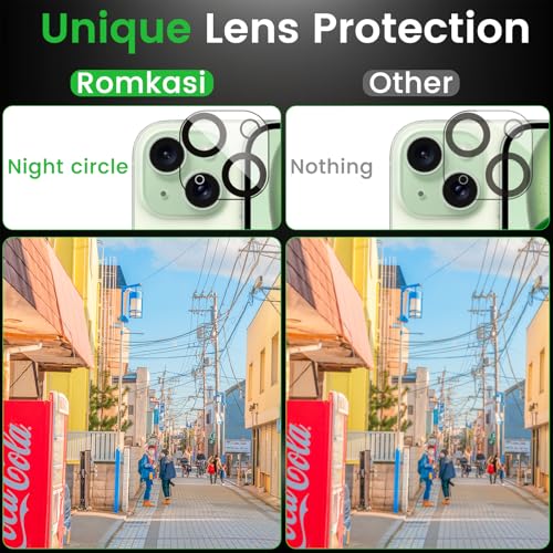 Romkasi 4 Pack Privacy Screen Protector for iPhone 15 6.1 Inch with 4 Pack Camera Lens Protector, Anti Spy Tempered Glass Film, Anti-Scratch, Touch Sensitive, Case Friendly - color: iPhone 15
