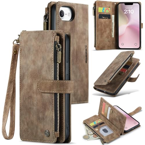Compatible with iPhone 16e/17e Wallet Case,with Card Holder Kickstand Magnetic Zipper Pocket Lanyard Strap Wristlet,Leather Flip Case Wallet for iPhone 16e/17e 6.1 Inch(Brown) - color: Brown, size: iPhone 16E/17E 6.1 Inch