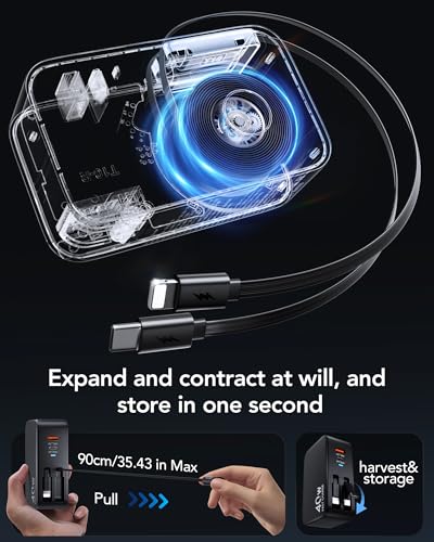 4-in-1 Retractable USB C Wall Charger,40W Fast Charging for Multi-Device - color: Black