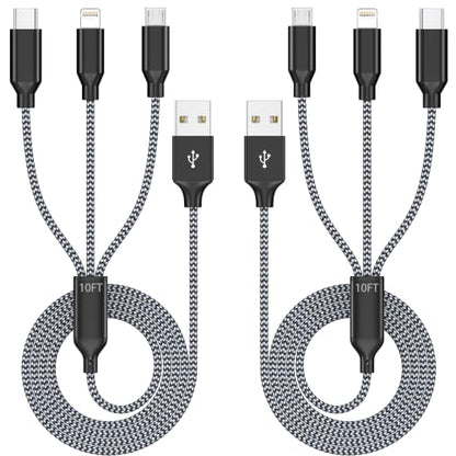 Long 3 in 1 Multi Charging Cable 10ft 2Pack,MFi Certified fast charger cord - color: Grey/Black-10ft
