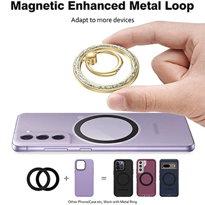 Allengel Magnetic Phone Grip for Mag Safe, Magnetic Ring Holder Compatible with Mag Safe Phone Ring, 360°Rotating Finger Kickstand for iPhone 17 16 Pro Max 15 14 13 12 & Android(Gold Bling Silver) - color: gold bling silver