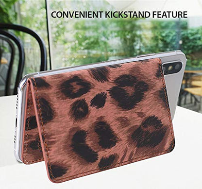 ID Card Holder for Back of Phone Leather Phone Wallet Stick On with Stand Flip Waterproof Leather Adhesive Wallet for Most Cellphones (Leopard) - color: Leopard