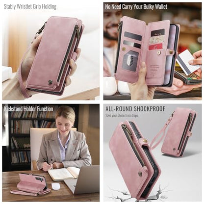 Defencase for Samsung Galaxy S24 Wallet Case with RFID Card Holder, Pink | Durable Soft PU Leather, with Zipper Pocket, Wrist Strap, Fashion Snap Flip S24 Phone Cases Cover with Stand for Women Men - color: Rose Pink