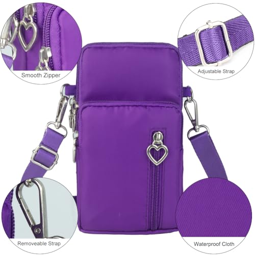 Small Crossbody Bag for Women, Multi Zip Pockets Nylon Wallet Purse Credit Card Holder with Detachable Hand Strap - color: Purple