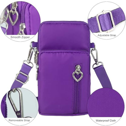 Small Crossbody Bag for Women, Multi Zip Pockets Nylon Wallet Purse Credit Card Holder with Detachable Hand Strap - color: Purple