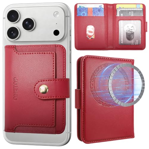 ONETOP for MagSafe Wallet,Magnetic Phone Wallet with 5 Card Slots,Burgundy | 1-12 Cards/Cash Holder for iPhone 17/16/15/14/13/12 Series,Detachable Wallet Stick-On Back,PU Leather RFID Blocking Kickstand - color: Burgundy