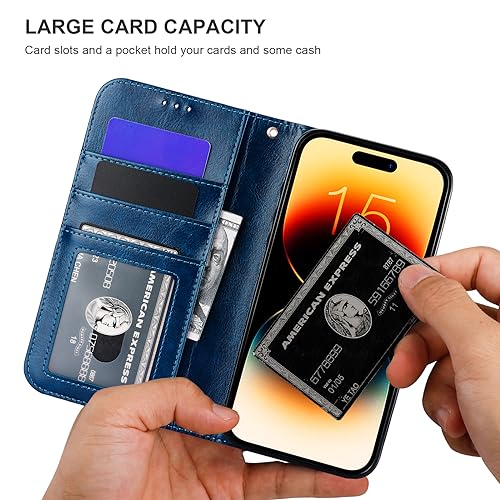 Bocasal Detachable Wallet Case Card Holder for iPhone 15 Pro Max Blue | RFID Blocking Kickstand Card Slots Holder PU Leather Magnetic Shockproof Wrist Strap Removable Flip Protective Cover 6.7 inch - color: Blue