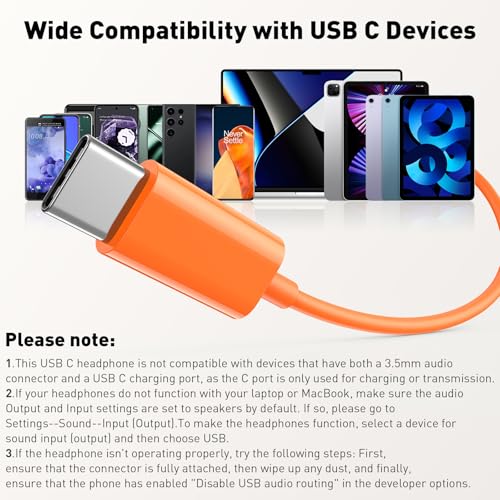 USB C Headphones Magnetic Wired Earbuds with Mic for Apple/Samsung Android - color: Orange