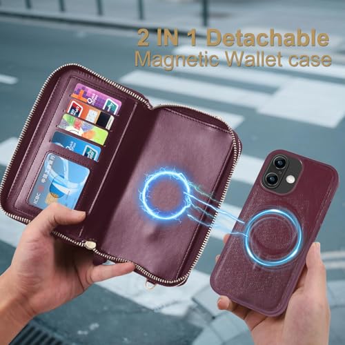 Harryshell Compatible with iPhone 16 Case Wallet Multi Zipper Detachable Removable Cover with RFID Blocking Card Slots Holder Mirror Crossbody Strap (Compatible with Magsafe - Quilted Burgundy) - color: Compatible with Magsafe - Quilted Burgundy, size: iP