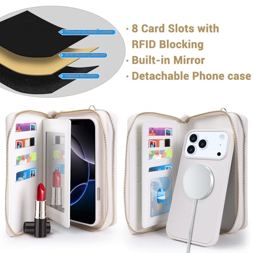 Harryshell Compatible with iPhone 17 Pro Max Case Wallet Multi Zipper Detachable Removable Cover Purse with RFID Blocking Card Slots Holder Mirror Crossbody Strap (Compatible with Magsafe - White) - color: Compatible with Magsafe - White, size: iPhone 17