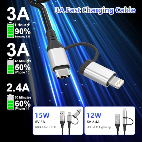 USB to USB-C and Lightning Cable 2 in 1 Coiled Cable Support Carplay & Android Auto [MFi & 3A Fast Charge & Data Sync] Coiled Lightning and USB C Cable for iPhone 17/16/15/14/13/Android, Silver - color: Silver