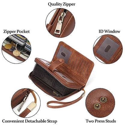 GAEKEAO Leather Credit Card Holder Wallet for Women RFID Blocking Large Capacity Bifold Zipper Card Case Organizer with Wristlet 45 Slots - color: Brown
