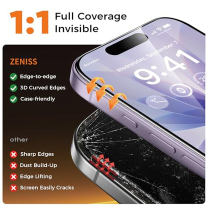 NeverBreak 9H+ Hardness for iPhone 17 Screen Protector 12FT Military Grade Protection (Scratch, Shatter, Drop Resistance) Tempered Glass Full Edge Coverage 6.3" 2025, 2 Pack with De-Bubble Card - size: iPhone 17