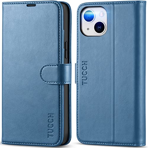 TUCCH Wallet Case for iPhone 14 Plus (6.7") 2022, Flip Stand, Lake Blue | RFID Blocking, 4 Card Holders, Kickstand, PU Leather, Shockproof TPU Shell, Magnetic Closure, Protective Folio Cover - color: Lake Blue