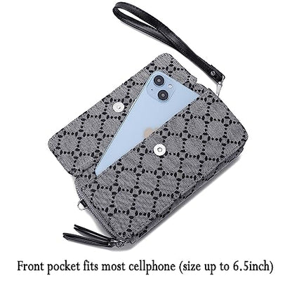 RFID Crossbody Wallet Wristlet Purse with Phone Pocket For Women Vegan Leather - color: Grey Jacquard