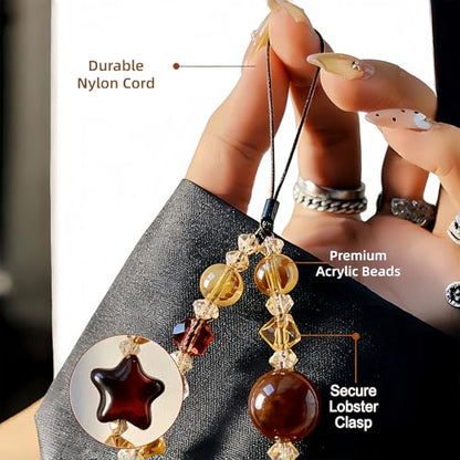 Cute Leopard Beaded Phone Charm, Brown Star Phone Wrist Strap - color: Leopard Star