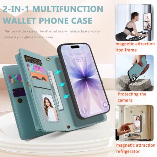 for iPhone 17 Wallet Case, Detachable Magnetic Phone Case,Faux Leather Strap Wallet,with RFID Blocking，Zipper Card Holder，Shoulder Straps (Blue) - color: Blue, size: iPhone 17