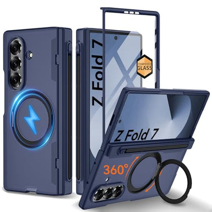 Upgraded 360° Spin Magnetic Invisible Ring Stand for Samsung Galaxy Z Fold 7 Case,[Compatible with MagSafe][S Pen Holder][Hinge Protection][Screen Protector],Shockproof Full Body Phone Cover - color: Blue-1
