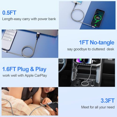 5Pack Right Angle Short iPhone Charger Cable 【15CM+30CM*2+50CM+1M】，90 Degree Apple USB A to Lightning Cable, Nylon Braided Sync Data Fast Charge Cord for iPhone 14 13 12 11 Pro Max Xs Xr 8 7 6 Plus SE