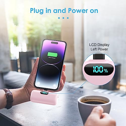 [2 Pack] Small Portable Charger for iPhone14/13, 5000mAh PD Fast Charging Power Bank, LCD Display Cute Mini Battery Pack Compatible with iPhone 14/14 Pro Max/13/13 Pro/12 Pro/11/XR/X/8-Black+Pink - color: Black+Pink