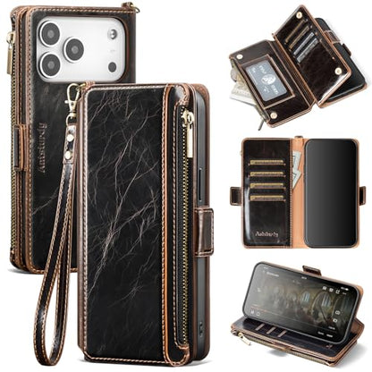Antsturdy for iPhone 17 Pro Max Phone Wallet Case Women,Coffee | RFID Blocking,with Credit Card Holder Slots,PU Leather Purse,Zipper Pocket,Wrist Strap Kickstand,Flip Folio Cover for Men - color: Coffee