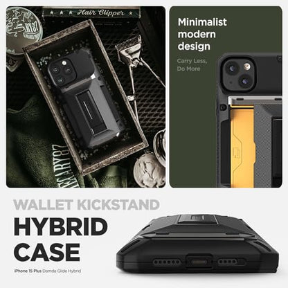 VRS DESIGN Damda Glide Hybrid Phone Case Designed for iPhone 15 Plus (2023), Functional Sturdy Wallet Card Holder Kickstand Case Compatible with iPhone 15 Plus (Matte Black) - color: Matte Black, size: iPhone 15 Plus