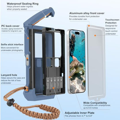 100FT/30M Gen 5 Diving Phone Case, Full Touchscreen Underwater Housing for iPhone 17-12 Pro Max & Samsung Galaxy S26 - S21, IPX8 Scuba Photo/Video Waterproof Case - color: Black_Blue