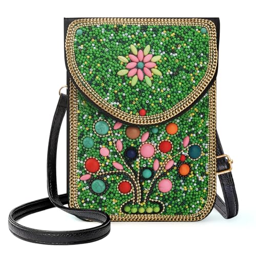 Small Beaded Crossbody Bag for Women, Boho Cell Phone Shoulder Purse Wallet with Handcrafted Colorful Beads - color: Tree-green