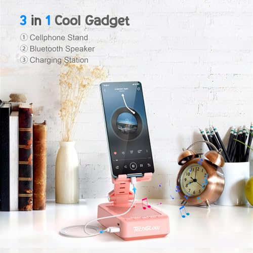 TechGlow Gifts for Men Women Foldable Cellphone Stand with Bluetooth Speaker and Charging Function 360° Rotatable Phone Stand Birthday Gift Idea for Mom Dad Cool Tech Gifts-Pink - color: Pink