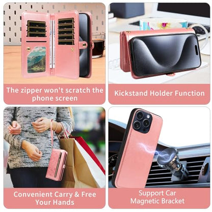 Asuwish Phone Case for iPhone 15 Pro 6.1 inch Zipper Wallet Magnetic Detachable Cell Cover with Tempered Glass Screen Protector Crossbody Strap Flower Card Holder i Phone15 i15 15Pro Women Rose Gold - color: Rose Gold