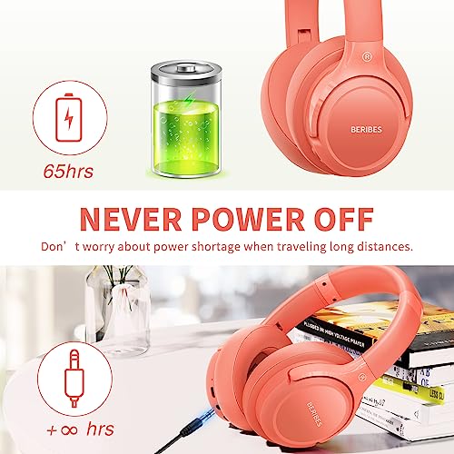 BERIBES Bluetooth Headphones Over Ear Wireless HiFi Stereo Headsets 65H 6EQ - color: Orange red