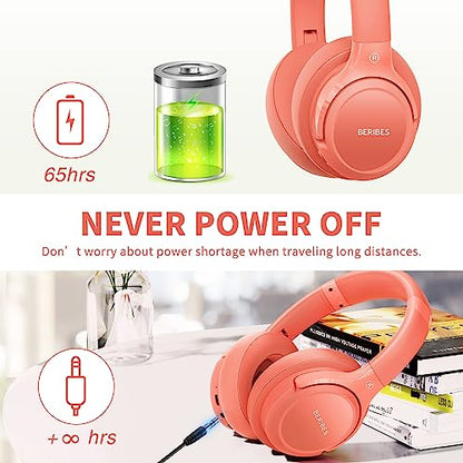 BERIBES Bluetooth Headphones Over Ear Wireless HiFi Stereo Headsets 65H 6EQ - color: Orange red
