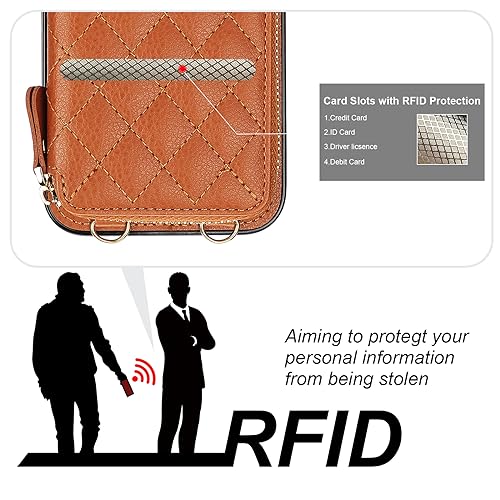 Bocasal Crossbody Wallet Case Card Holder for iPhone 15 Pro, Brown | RFID Blocking PU Leather Zipper Handbag Purse, Kickstand Flip Folio Case with Card Slots Holder Wrist Strap Lanyard 6.1 Inch - color: Brown