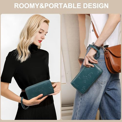 yiijay Womens Wallet RFID Blocking Large Capacity Vegan Leather Double Zip Wristlet Wallet Card Holder Travel Ladies Clutch - color: Dark Green