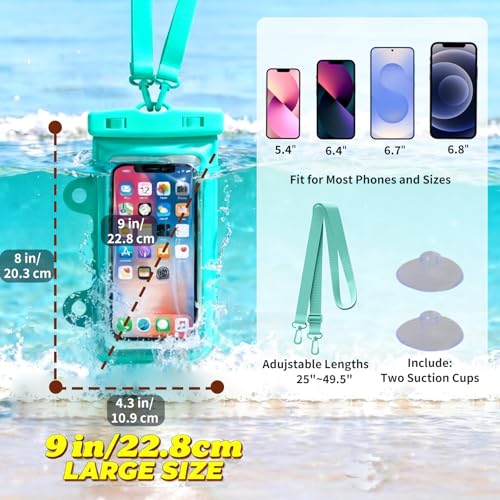 Larger Waterproof Phone Pouch iPhone &Shower Phone Holder Waterproof with 2 Suction Cups,Water Phone Protector Pouch with Adjustable Lanyard for iPhone 17 16 ProMax (Black+Mint Green, 2 PCS) - color: Black+Mint Green