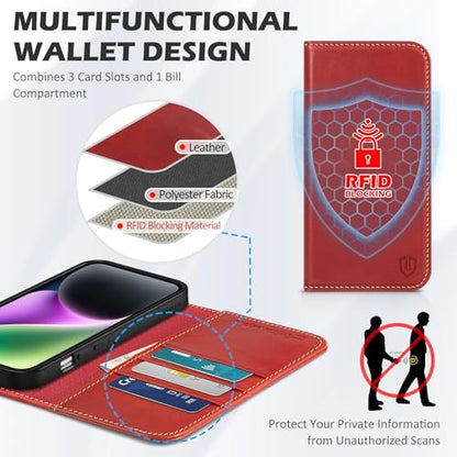 SHIELDON Genuine Leather Wallet Case for iPhone 14 6.1" 2022, Retro Red | RFID Blocking, Credit Card Holder, Magnetic Closure, Kickstand, Folio Design, Shockproof Phone Cover - color: Red - Retro