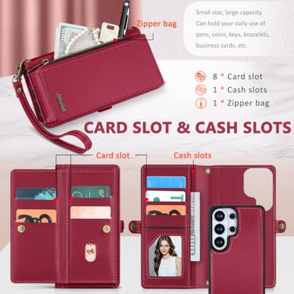 for Samsumg Galaxy S26 Ultra Wallet Case, Detachable Magnetic Phone Case,Faux Leather Strap Wallet,with RFID Blocking,Zipper Card Holder,Shoulder Straps (Red) - color: Red, size: Samsumg Galaxy S26 Ultra