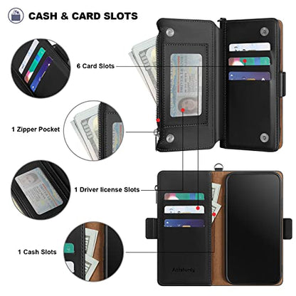 Antsturdy for iPhone 14 Phone Wallet Case Women,Black | Shockproof RFID Blocking PU Leather Flip Cover Kickstand Zipper Card Holder Slots with Wrist Strap - color: Black