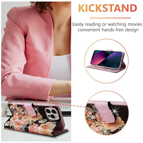UEEBAI Wallet Case for iPhone 15, PU Leather Phone Cover Kickstand RFID Blocking Flip Case Card Slots Wrist Strap Relief Engraved Pattern Magnetic Closure Flower Folio Wallet, Black Rose - color: Black Rose, size: iPhone 15