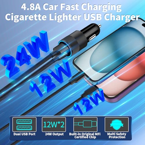 Apple MFi Certified iPhone Car Charger with 2Pack Lightning Braided Cable - color: Carbon Black