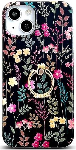 Qokey for iPhone 13/14 6.1" Case, Cute Garden Flowers Design for Girls Women, Matte Pattern Soft Shockproof TPU Anti-Scratch Phone Cover, Black Mixed Floral - color: Rattan