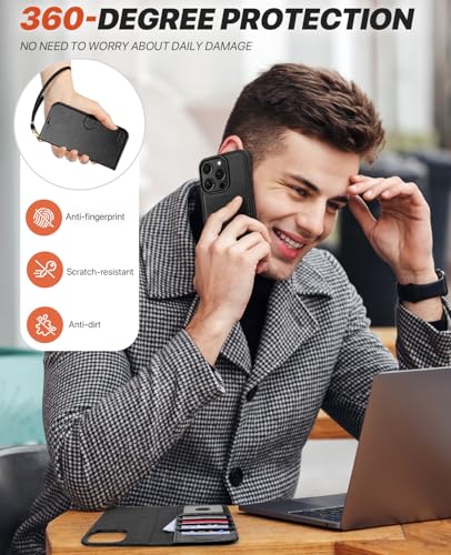 OCASE for iPhone 16 Pro Max Case Detachable Wallet Case with Card Holder, 2 in 1 Pu Leather Flip Folio with RFID Blocking Stand Wrist Strap Shockproof Phone Cover 6.9 Inch 2024, Black | Removable magnetic case, with hand strap, wireless charging, card slo