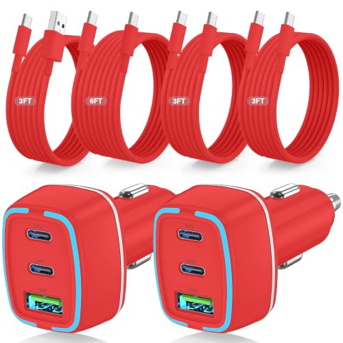 75W USB C Car Charger, 3-Port Super Fast Charging Cigarette Lighte - color: Red