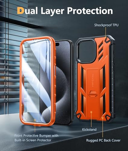 FNTCASE for iPhone 15 Pro Max Case, Built-in Screen Protector, Kickstand | Military-Grade Drop Protection, Anti-Slip Matte Textured, Rugged Heavy Duty Shockproof TPU Protective Cover - color: Orange