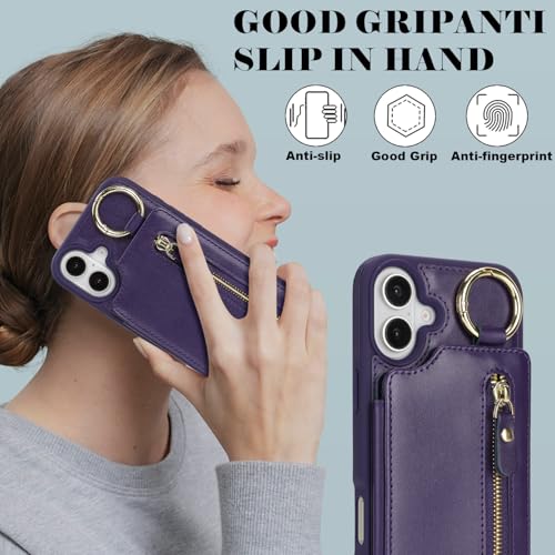 Ｈａｖａｙａ for iPhone 16 case Wallet with Card Holder for Women Men Shockproof Phone case with Keychain Ring Stand Leather Zipper Credit Card Slots-Deep Purple - color: Purple-Ring